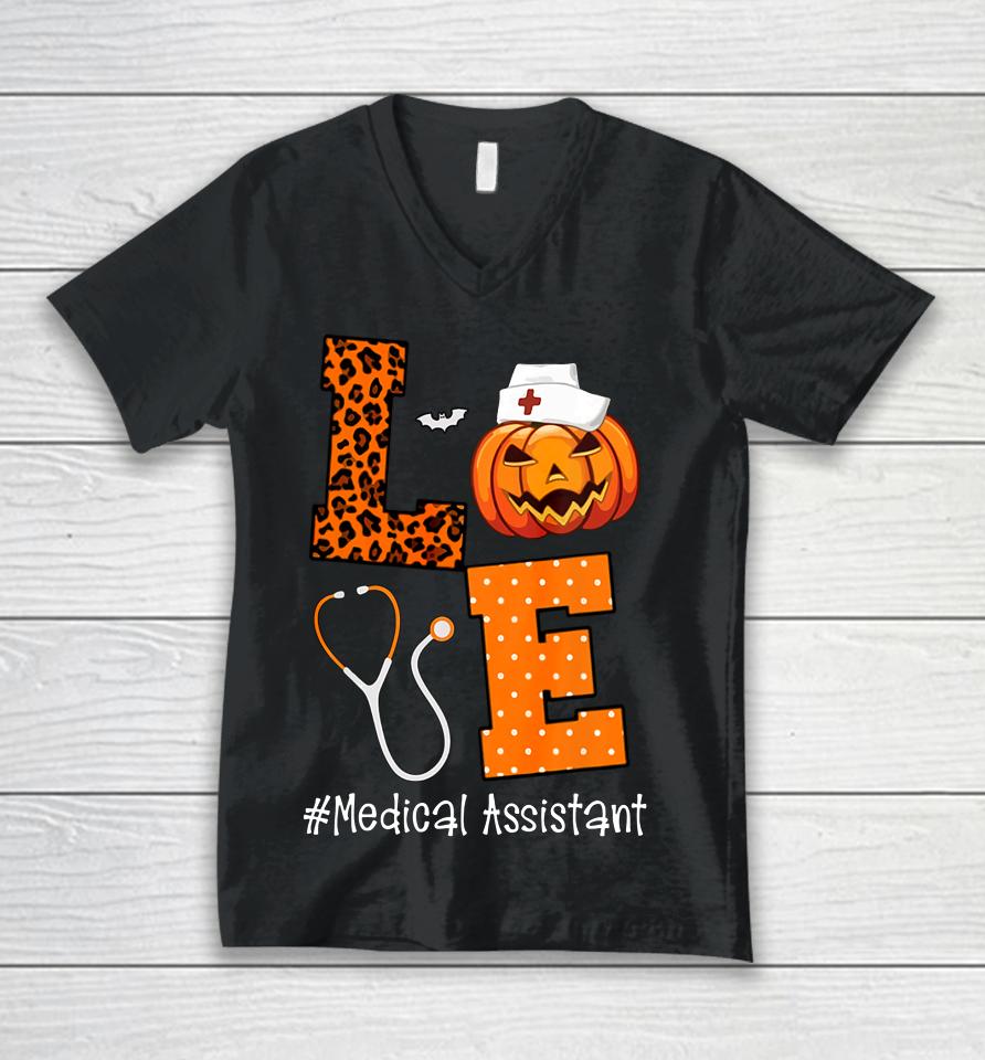 Love Medical Assistant Leopard And Pumpkin Halloween Unisex V-Neck T-Shirt