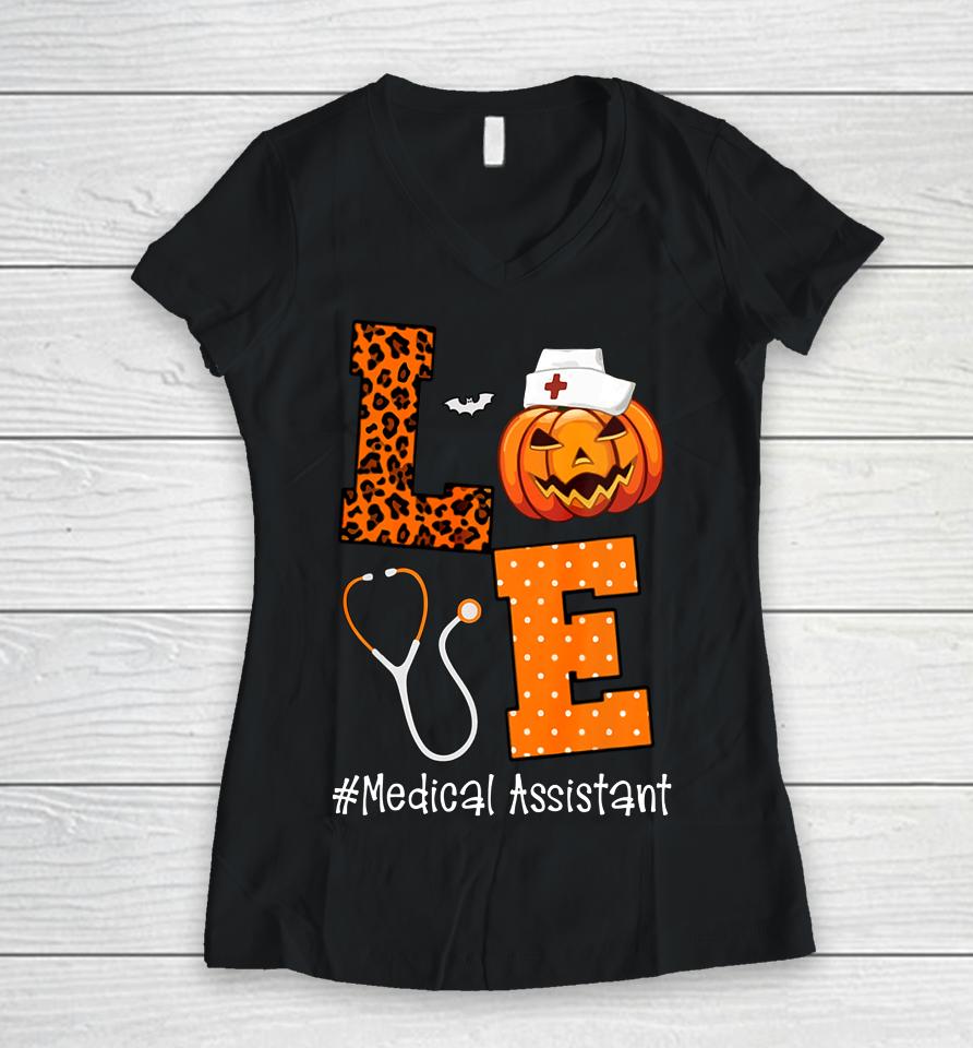 Love Medical Assistant Leopard And Pumpkin Halloween Women V-Neck T-Shirt
