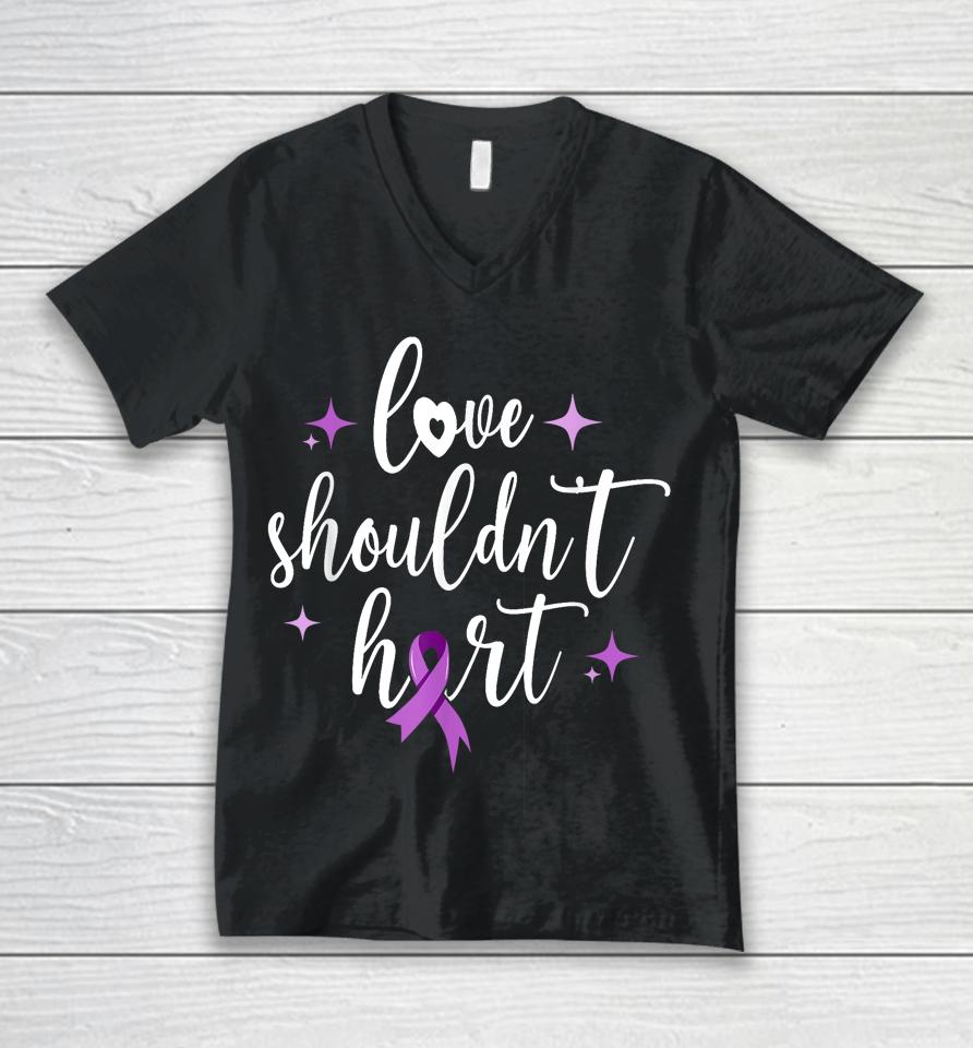 Love Shouldn't Hurt, Groovy Purple Ribbon Domestic Violence Unisex V-Neck T-Shirt