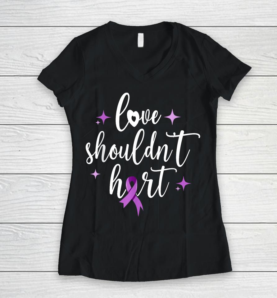 Love Shouldn't Hurt, Groovy Purple Ribbon Domestic Violence Women V-Neck T-Shirt