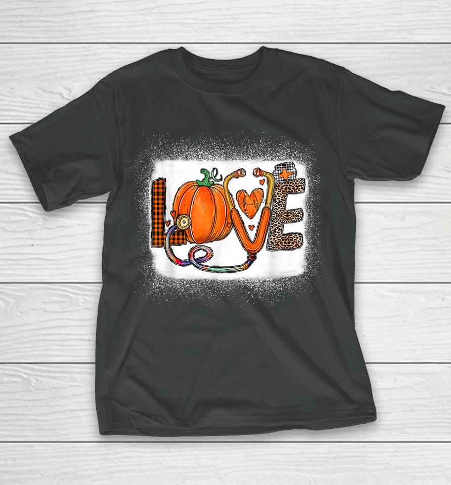 Love Stethoscope Pumpkin Thanksgiving Nurse Leopard Plaid T-Shirt