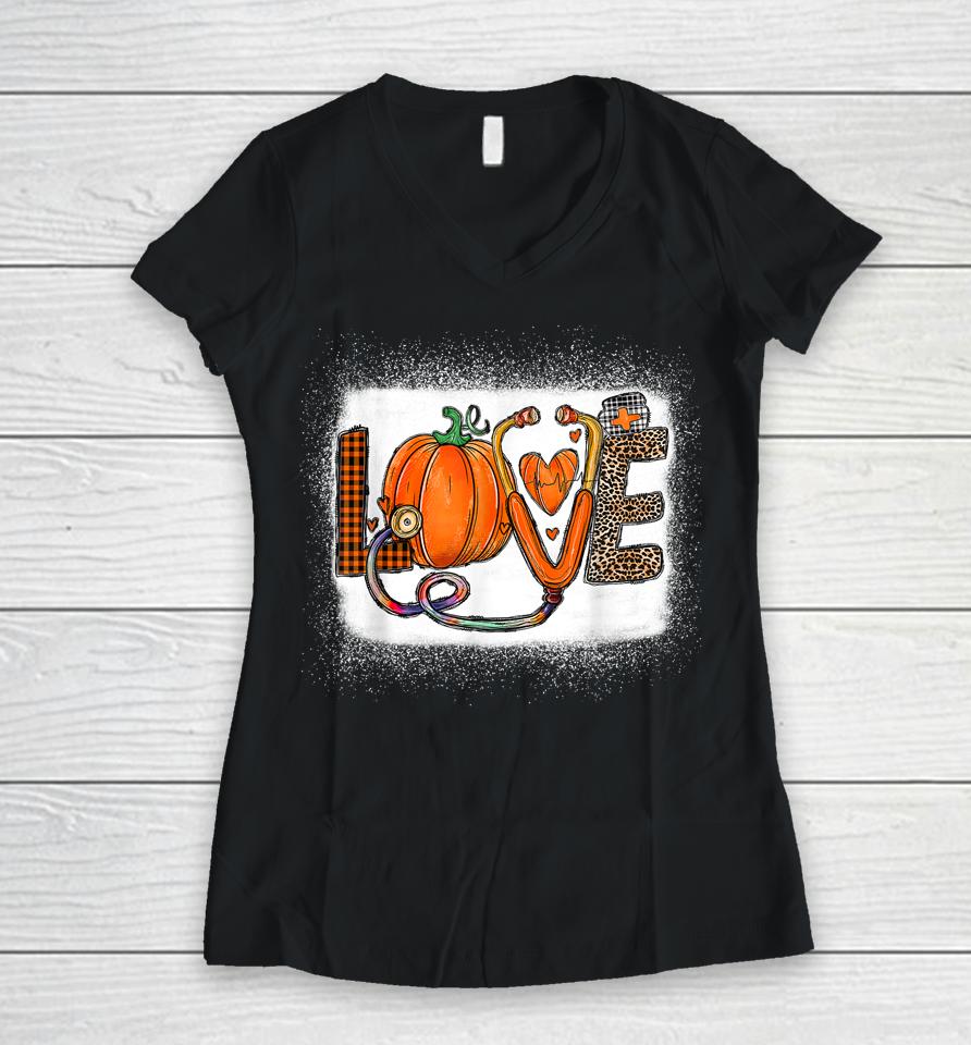 Love Stethoscope Pumpkin Thanksgiving Nurse Leopard Plaid Women V-Neck T-Shirt