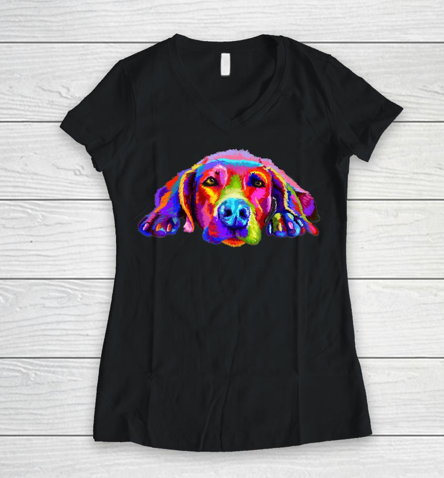Lovely Weimaraner Waiting For You Rainbow Colors Women V-Neck T-Shirt