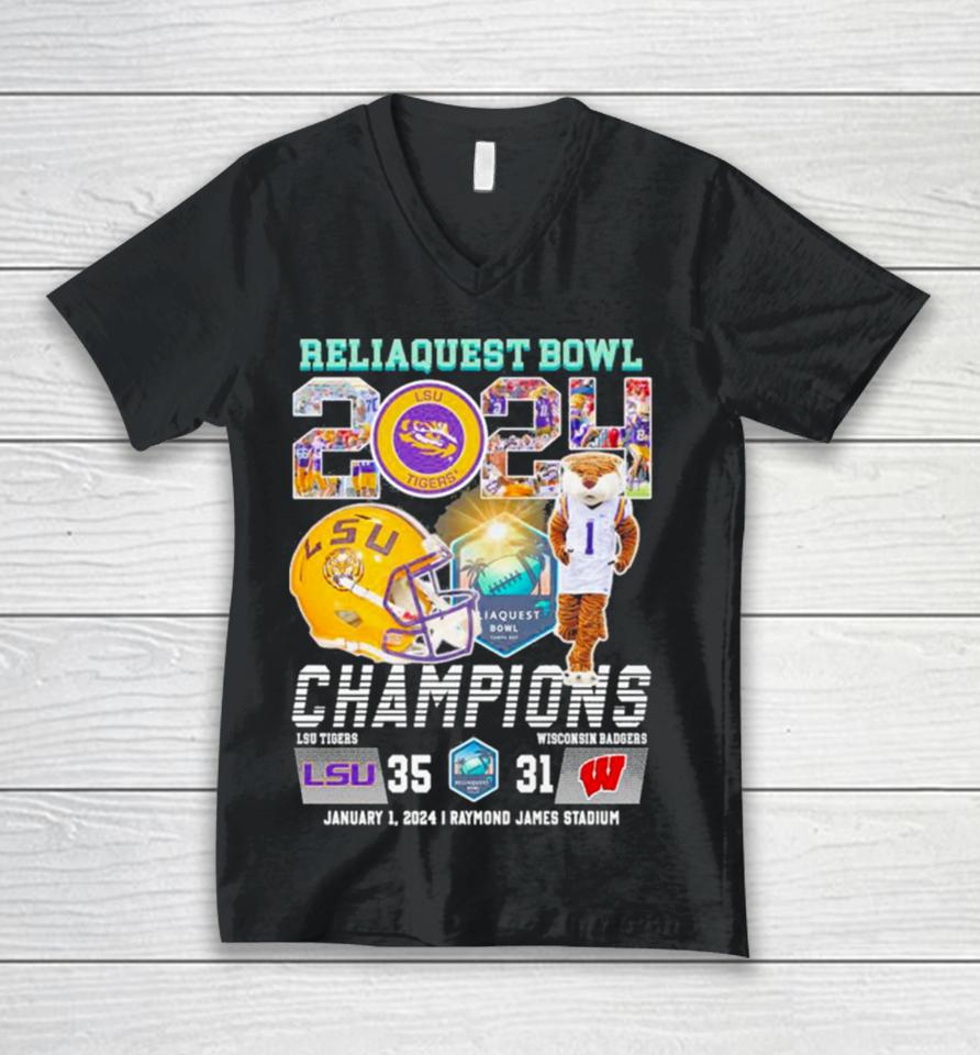 Lsu Tigers 2024 Reliaquest Bowl Champions Victory Wisconsin 35 31 Unisex V-Neck T-Shirt