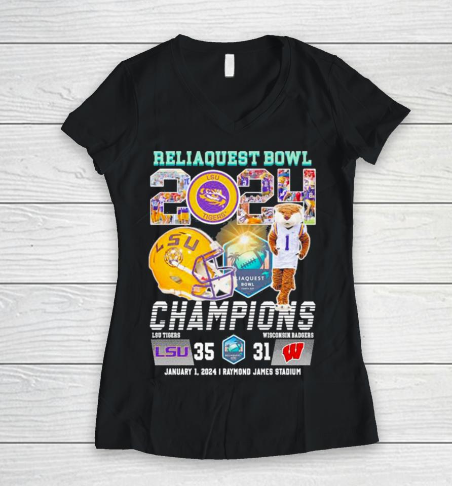 Lsu Tigers 2024 Reliaquest Bowl Champions Victory Wisconsin 35 31 Women V-Neck T-Shirt