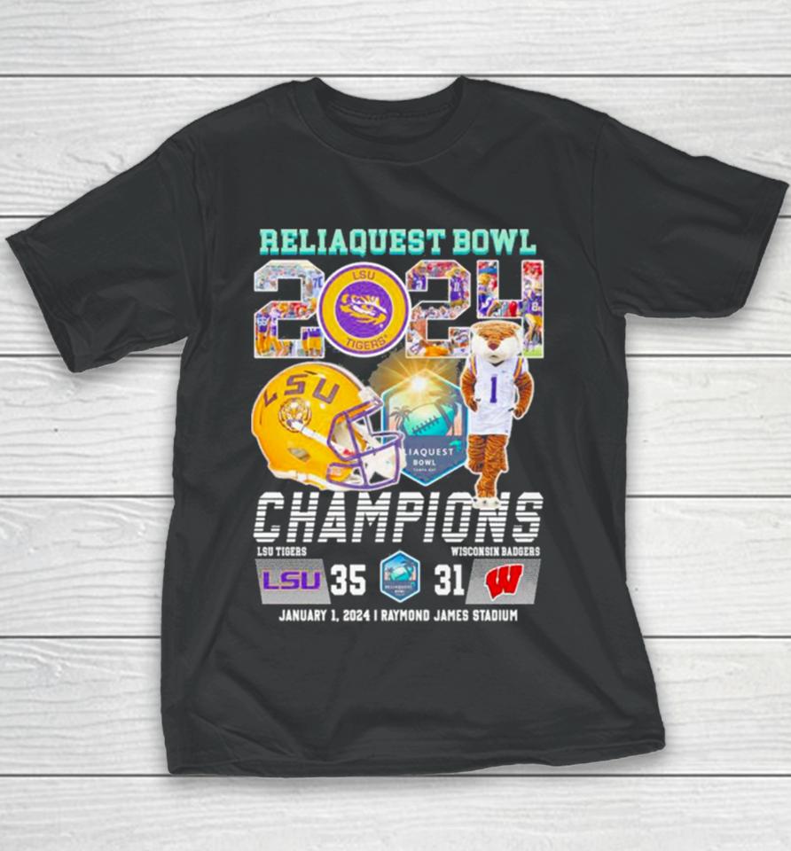 Lsu Tigers 2024 Reliaquest Bowl Champions Victory Wisconsin 35 31 Youth T-Shirt