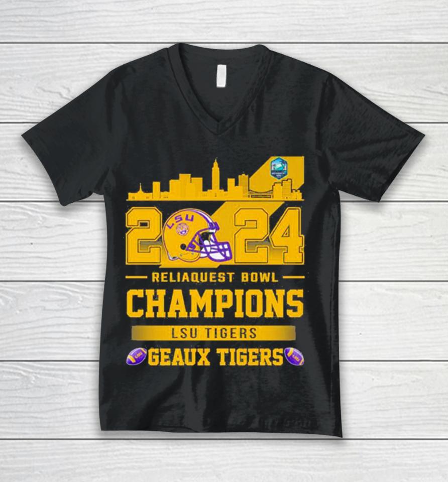 Lsu Tigers Football 2024 Reliaquest Bowl Champions Helmet Unisex V-Neck T-Shirt