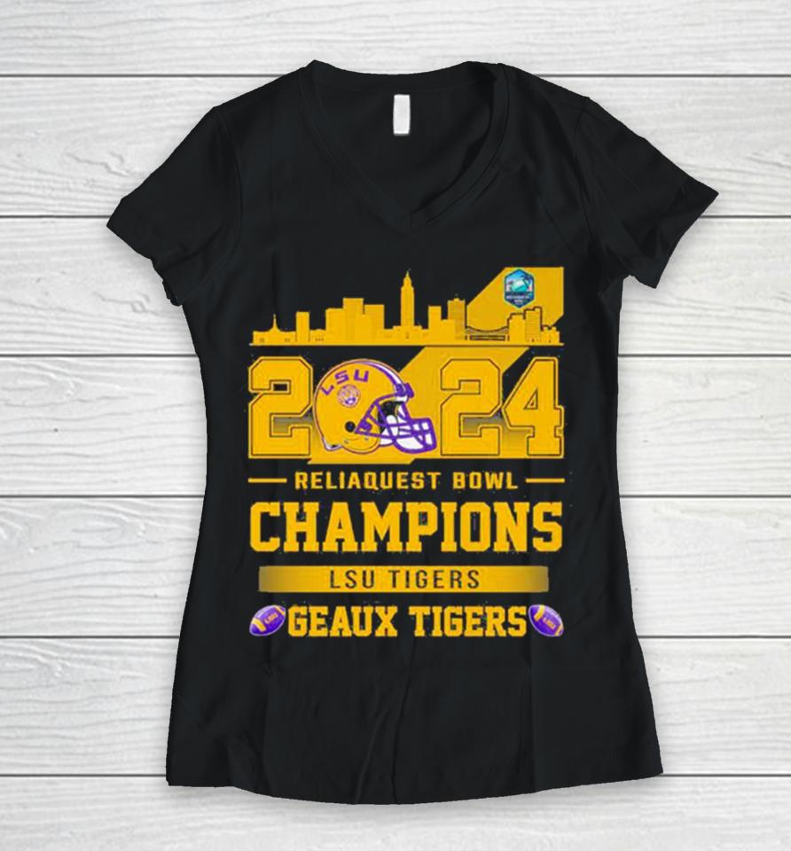 Lsu Tigers Football 2024 Reliaquest Bowl Champions Helmet Women V-Neck T-Shirt