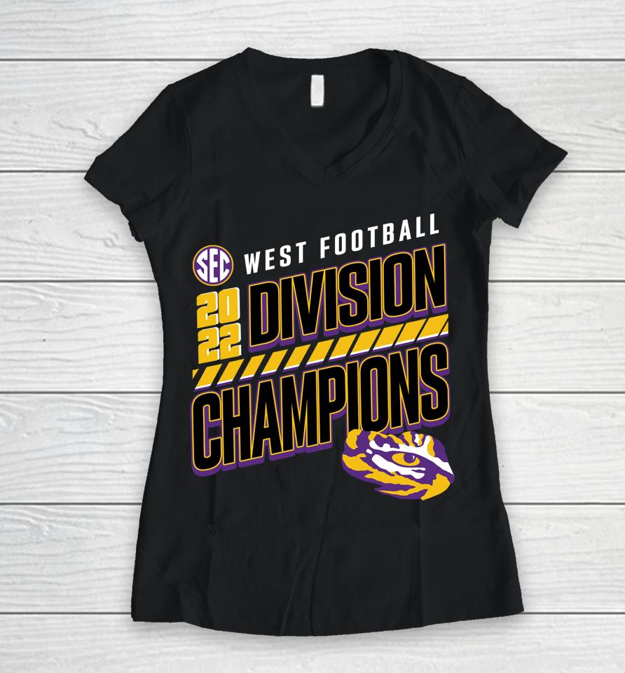 Lsu Tigers Sec West Football 2022 Division Champions Slanted Knockout Women V-Neck T-Shirt