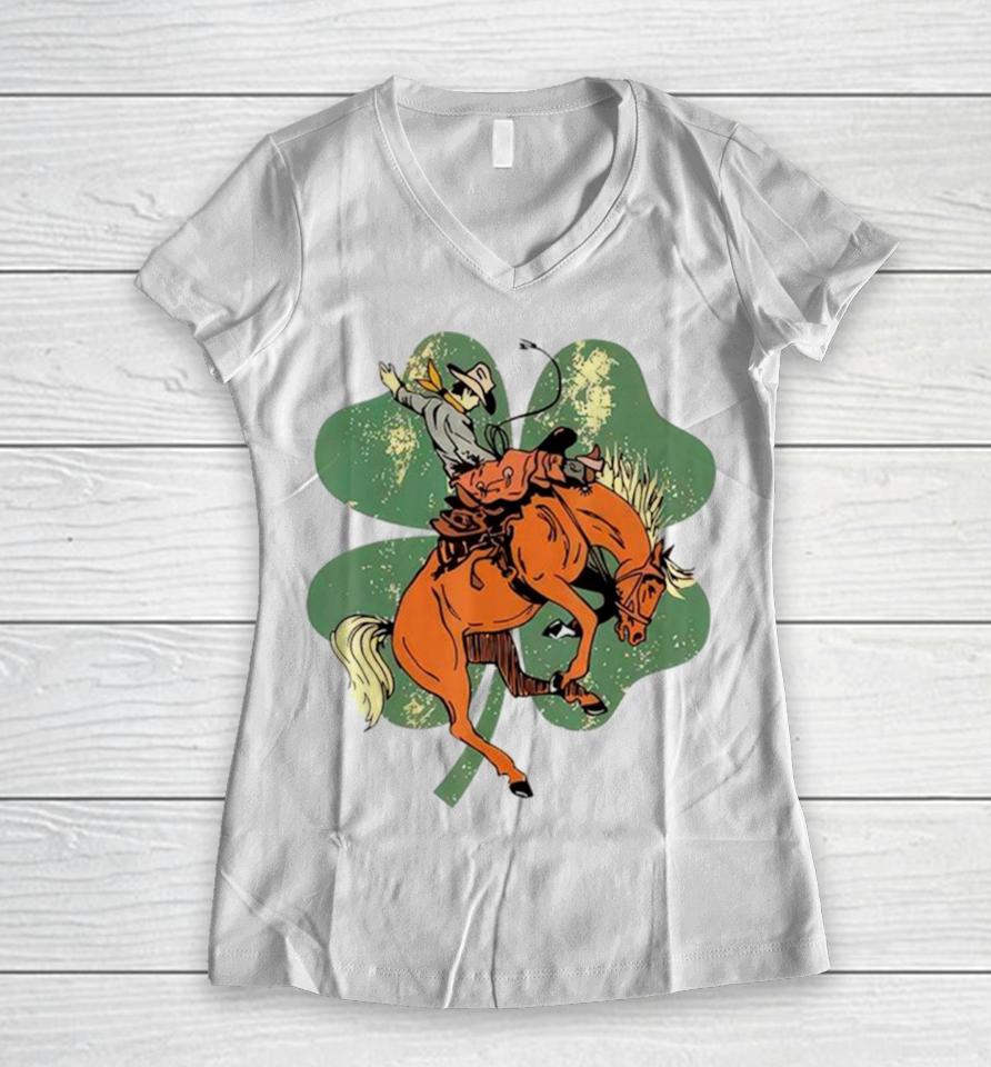 Lucky Bronc Horse Cowgirl Western St Patrick’s Day Women V-Neck T-Shirt