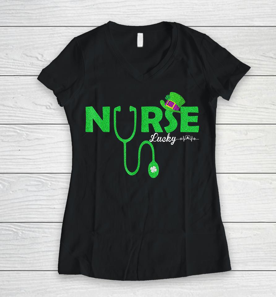 Lucky Clover Stethoscope Heartbeat Nurse St Patricks Day Women V-Neck T-Shirt