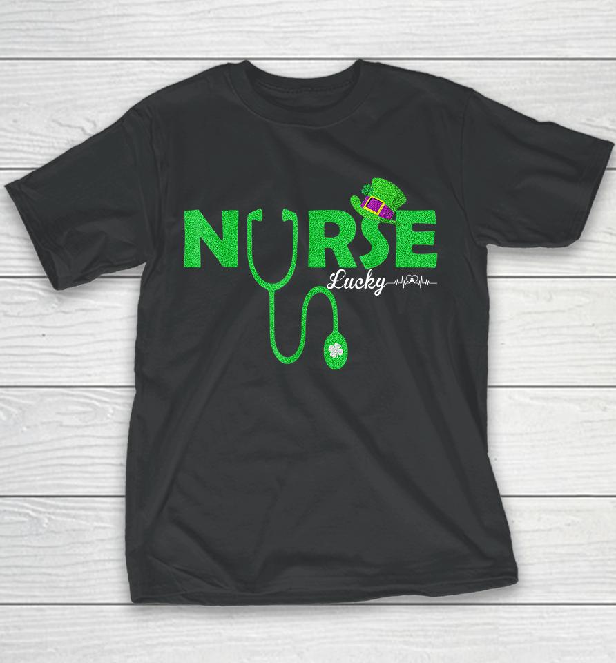 Lucky Clover Stethoscope Heartbeat Nurse St Patricks Day Youth T-Shirt