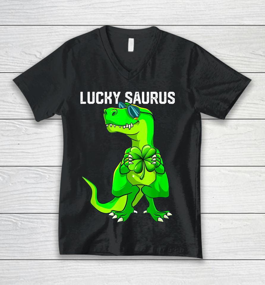 Lucky Saurus Dinosaur Irish Shamrock St Patrick's Day Unisex V-Neck T-Shirt