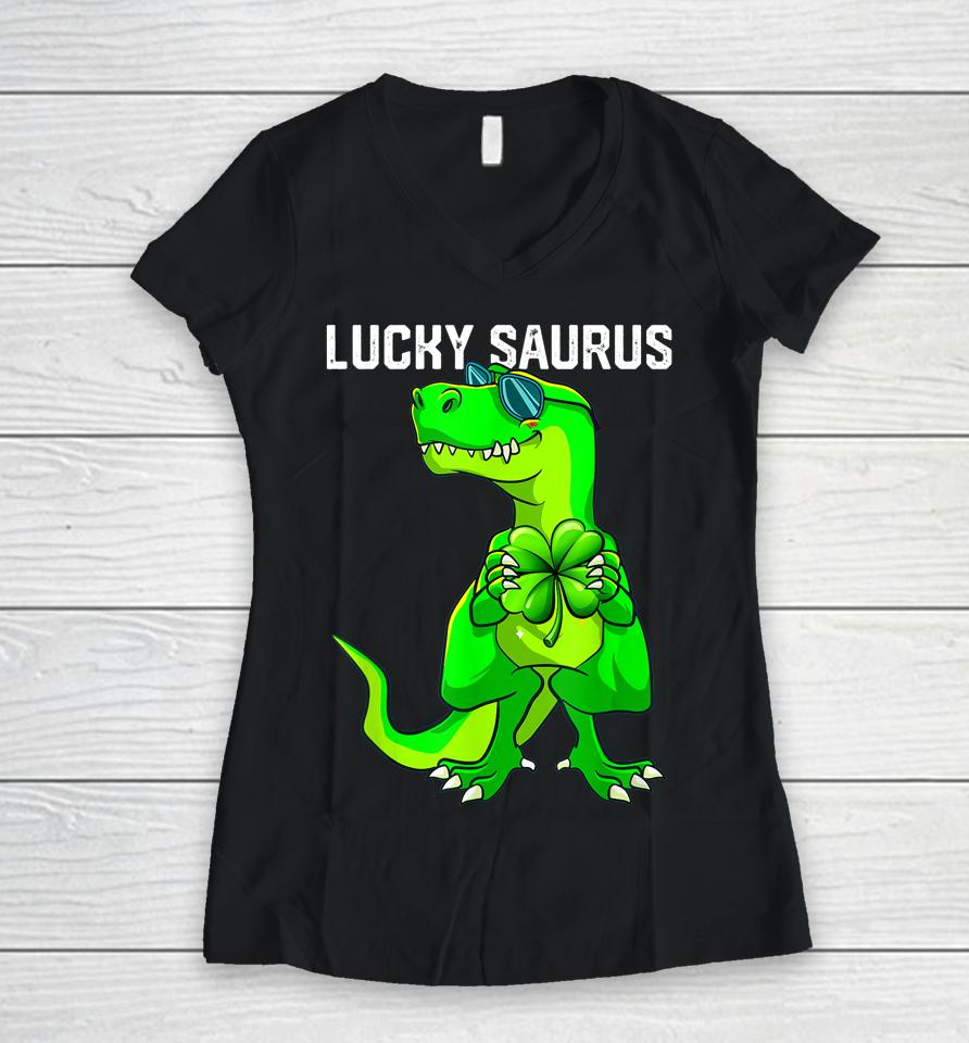 Lucky Saurus Dinosaur Irish Shamrock St Patrick's Day Women V-Neck T-Shirt