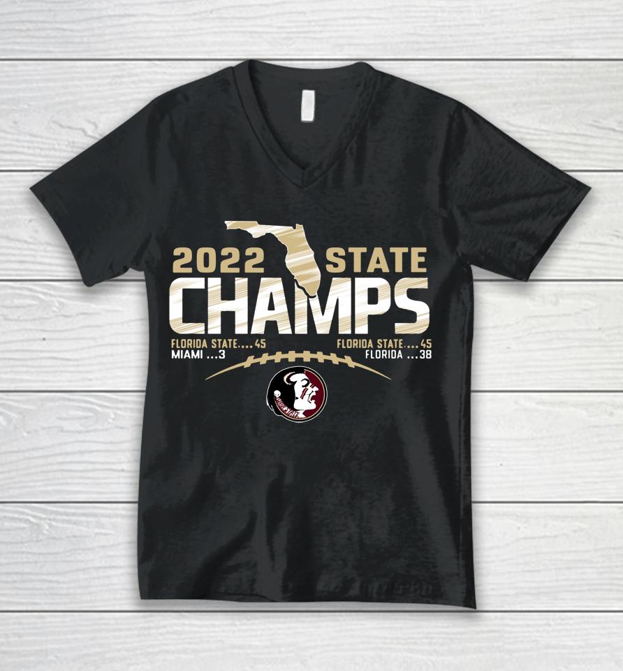 Lue 84 Garnet Florida State Seminoles 2022 State Champions Football Score Unisex V-Neck T-Shirt