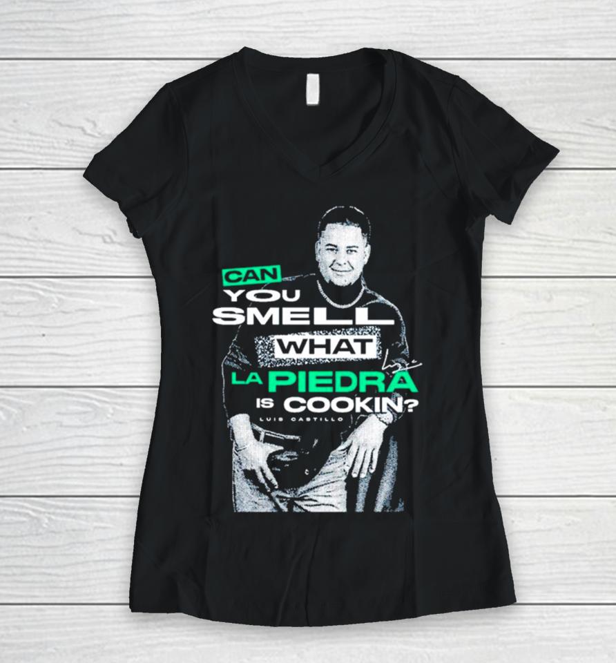Luis Castillo Can You Smell What La Piedra Is Cookin Women V-Neck T-Shirt