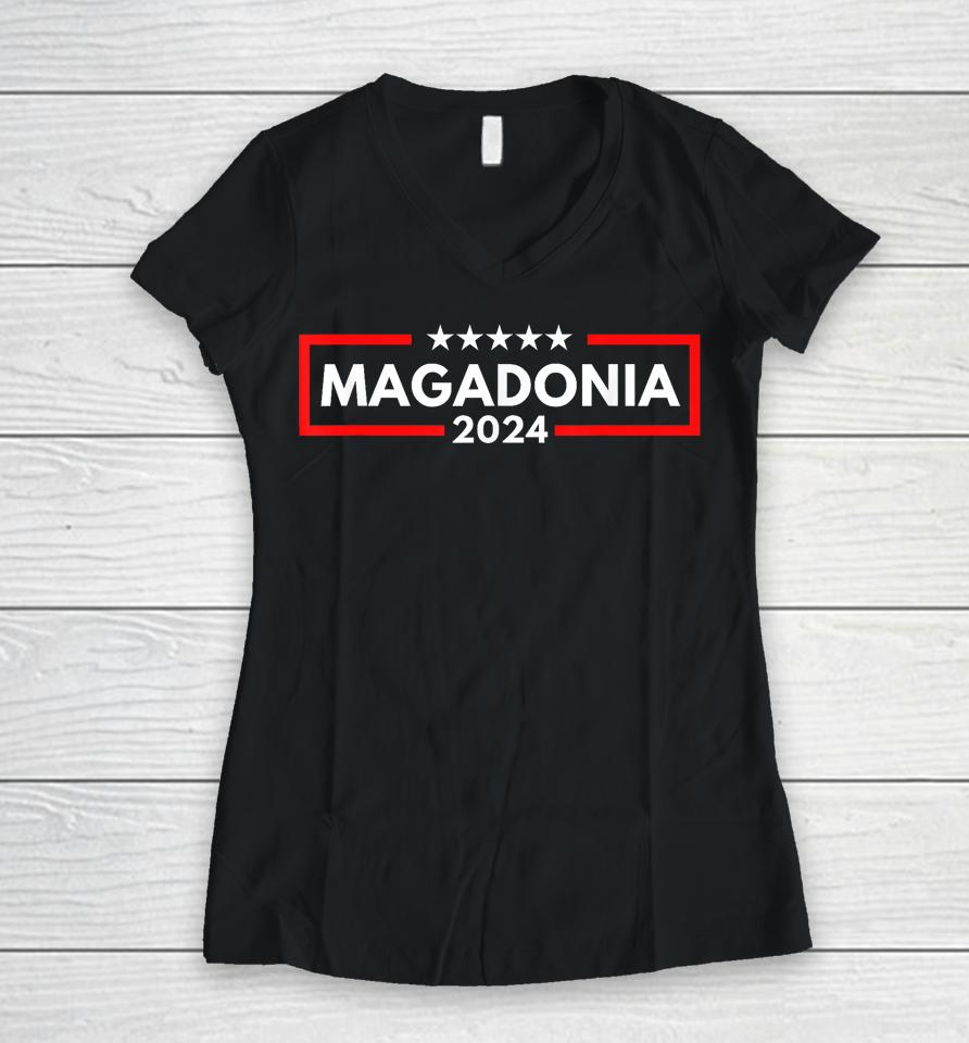 Magadonia 2024 Trump Voter Proud Trump Supporter Magadonian Women V-Neck T-Shirt