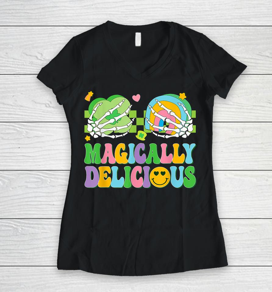 Magically Delicious Hippie St Patrick's Day Skeleton Charms Women V-Neck T-Shirt