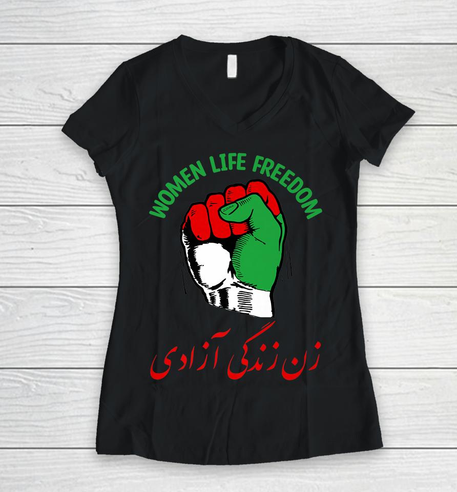 Mahsa Women Life Freedom Iranian Flag Fist Of Iranian Women V-Neck T-Shirt