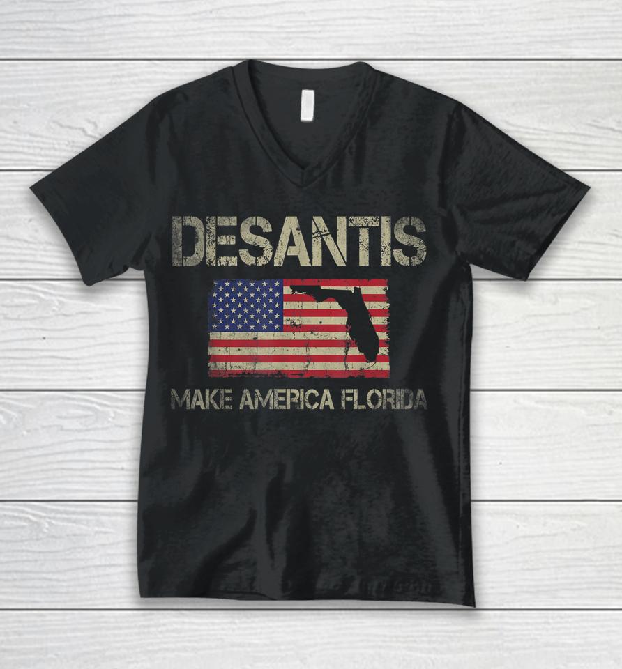 Make America Florida Desantis 2024 Election Vintage Us Flag Unisex V-Neck T-Shirt