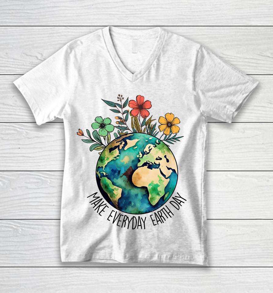 Make Everyday Earth Day Retro Planet Flower Earth Day Unisex V-Neck T-Shirt