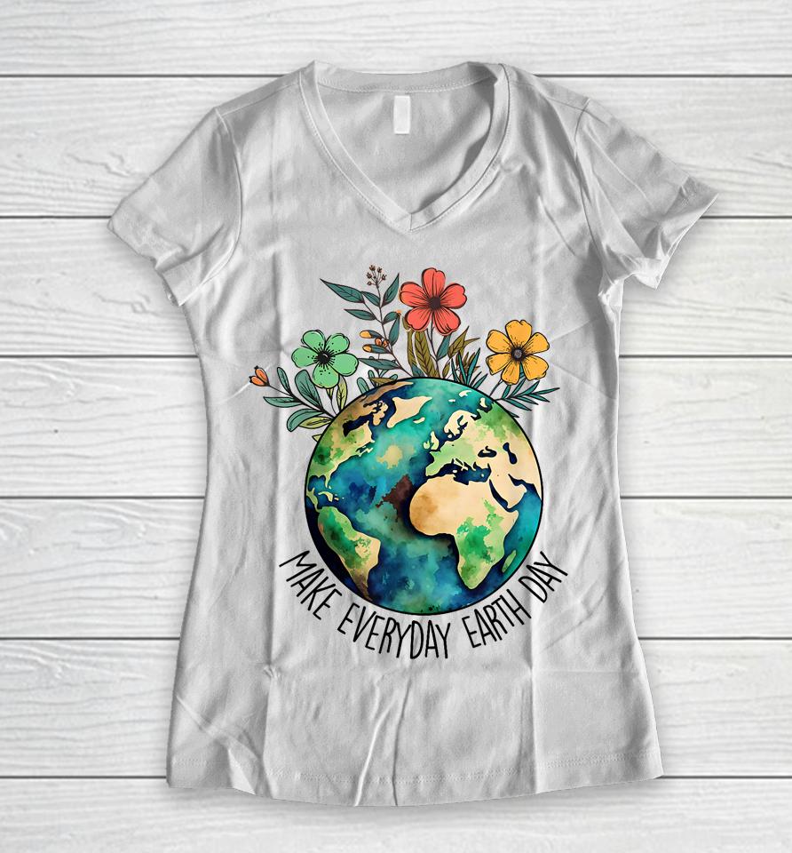 Make Everyday Earth Day Retro Planet Flower Earth Day Women V-Neck T-Shirt