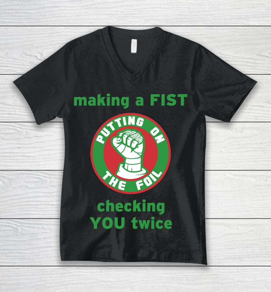 Making A Fist Putting On The Foil Unisex V-Neck T-Shirt