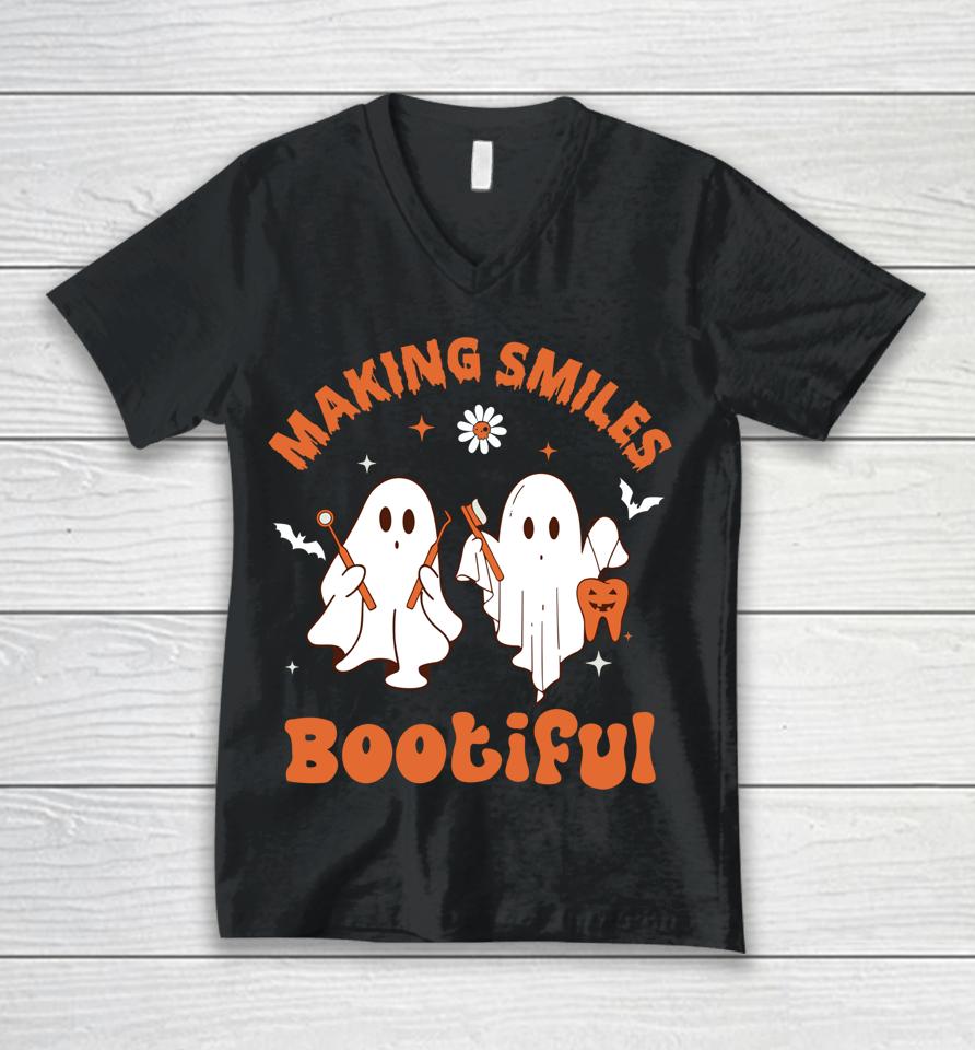 Making Smiles Bootiful Funny Ghost Dentist Halloween Dental Unisex V-Neck T-Shirt