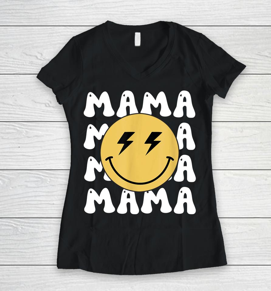 Mama One Happy Dude Birthday Theme Family Matching Bolt Face Women V-Neck T-Shirt