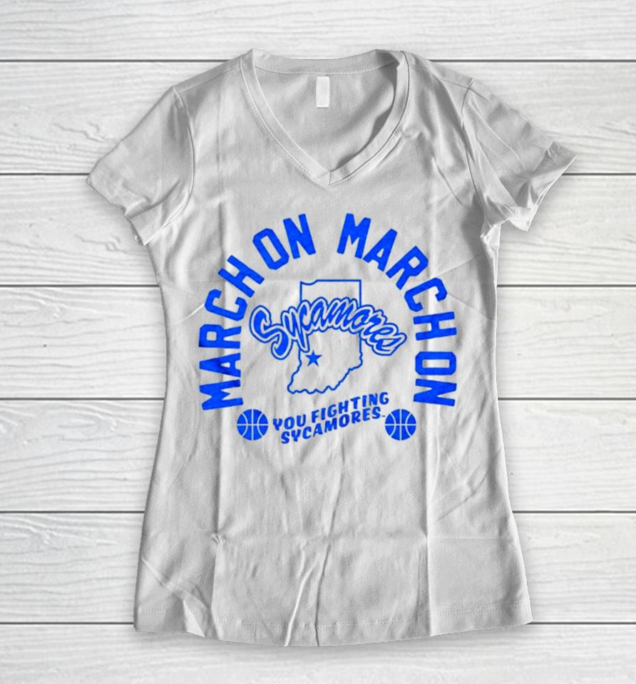 March On Sycamores ’24 You Fighting Sycamores Women V-Neck T-Shirt