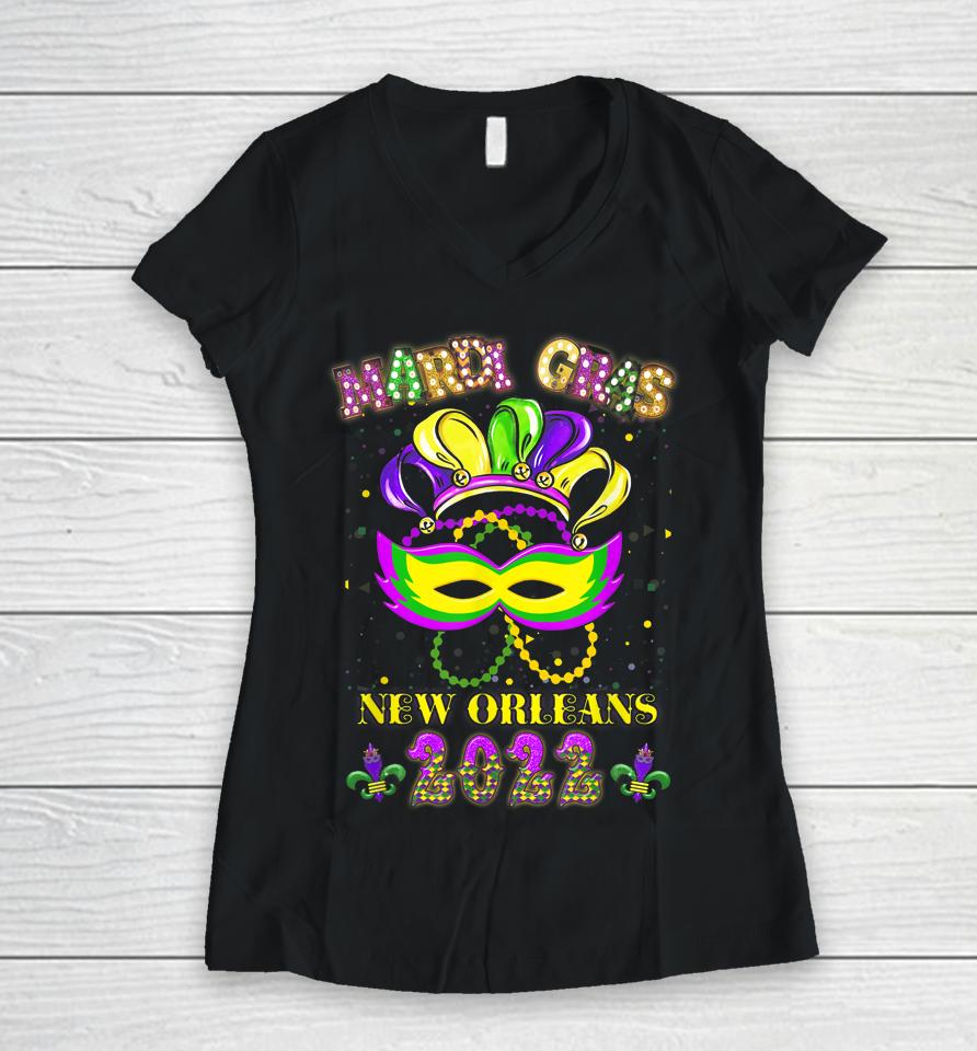 Mardi Gras 2022 New Orleans Costume Mask Design Women V-Neck T-Shirt