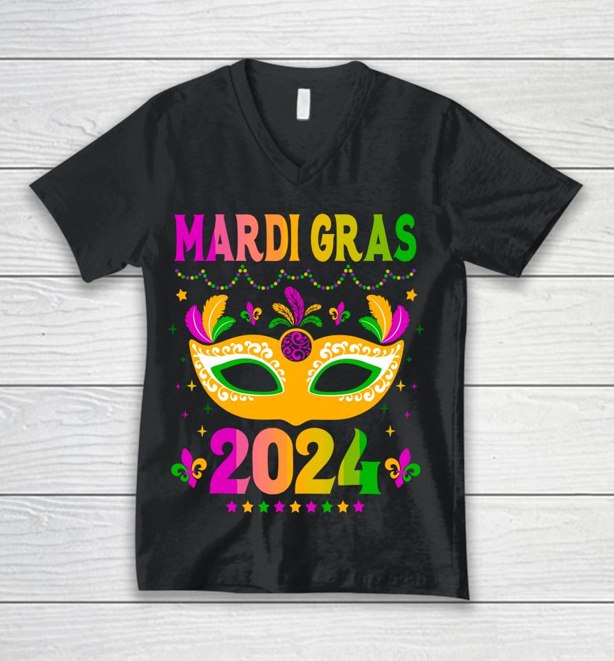 Mardi Gras 2024 Funny Mardi Gras Mask Costume Unisex V-Neck T-Shirt