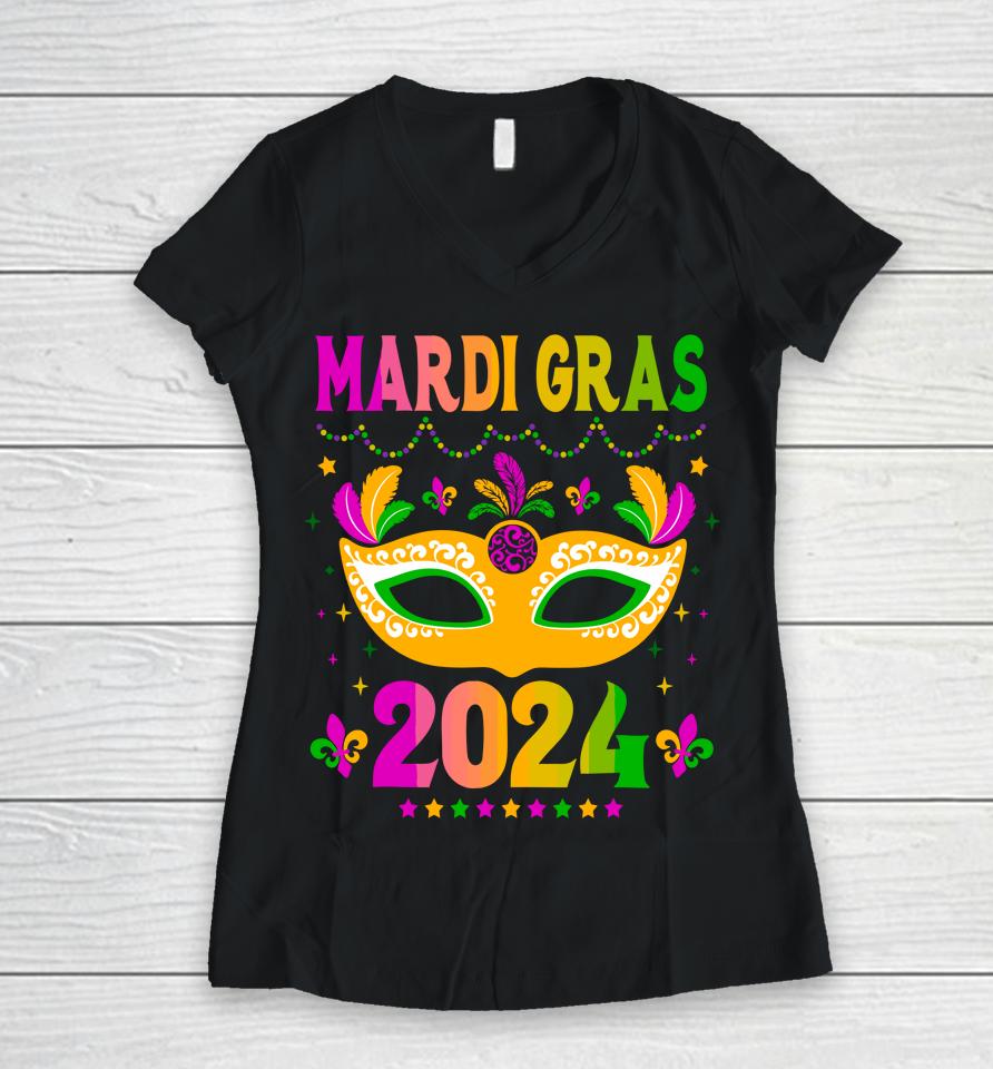 Mardi Gras 2024 Funny Mardi Gras Mask Costume Women V-Neck T-Shirt