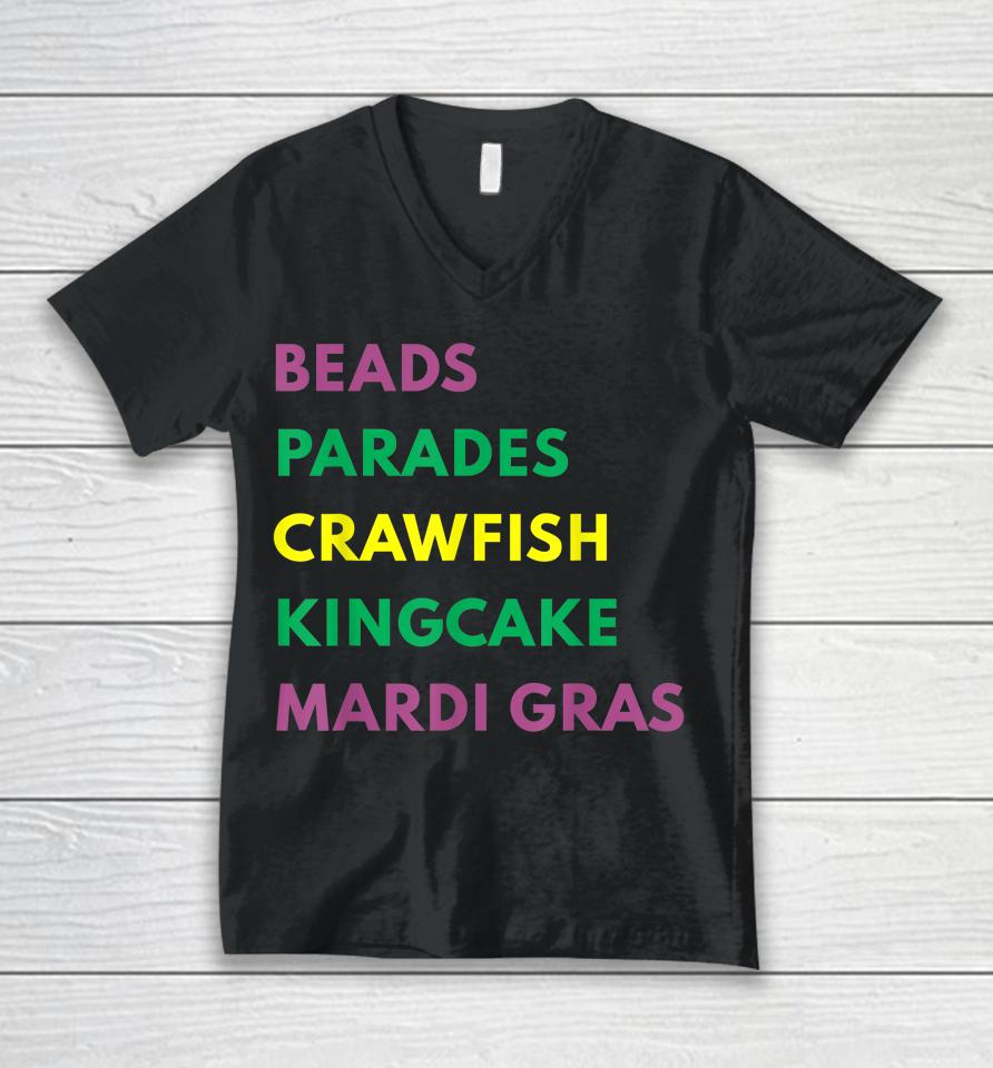 Mardi Gras Carnival Beads Parade Crawfish Cajun Festival Unisex V-Neck T-Shirt