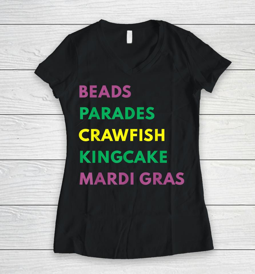 Mardi Gras Carnival Beads Parade Crawfish Cajun Festival Women V-Neck T-Shirt