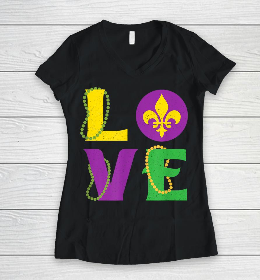 Mardi Gras Carnival Love New Orleans Cajun Festival Women V-Neck T-Shirt