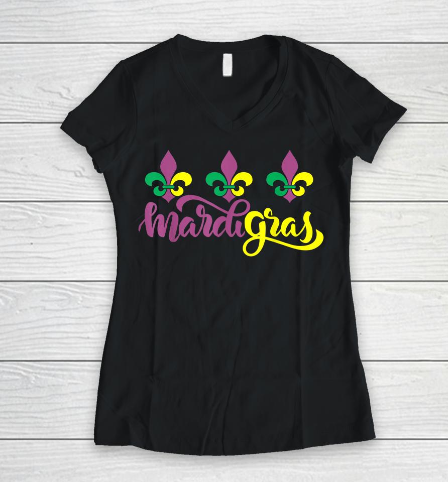 Mardi Gras Carnival New Orleans Fleur De Lis Cajun Festival Women V-Neck T-Shirt