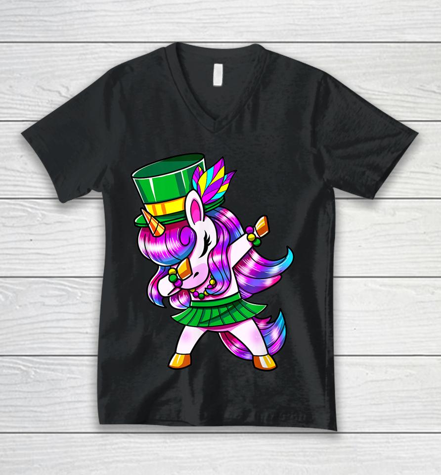 Mardi Gras Dabbing Unicorn Unisex V-Neck T-Shirt