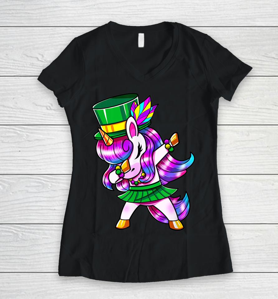 Mardi Gras Dabbing Unicorn Women V-Neck T-Shirt