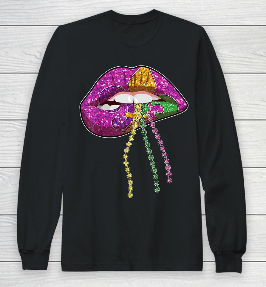 Mardi Gras Lips Queen Carnival Purple &Amp; Gold Fleurs De Lis Long Sleeve T-Shirt