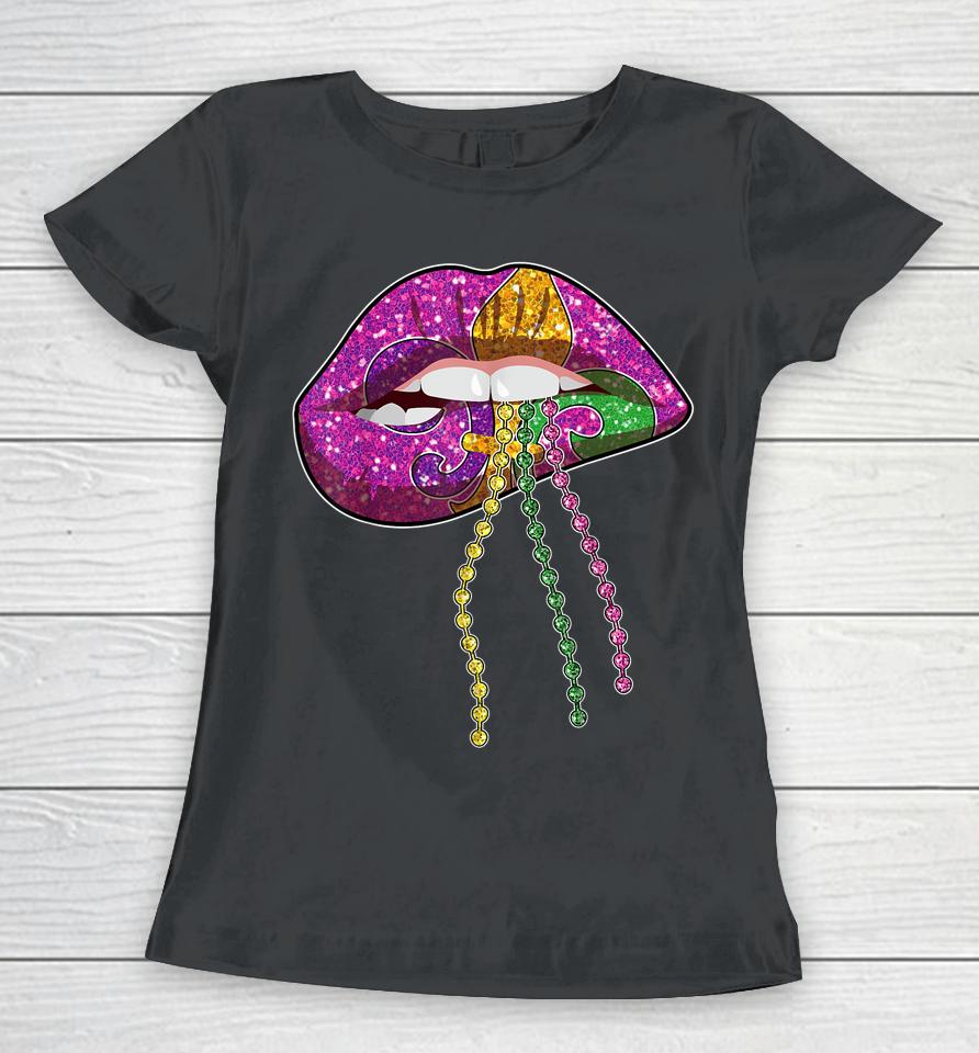 Mardi Gras Lips Queen Carnival Purple &Amp; Gold Fleurs De Lis Women T-Shirt