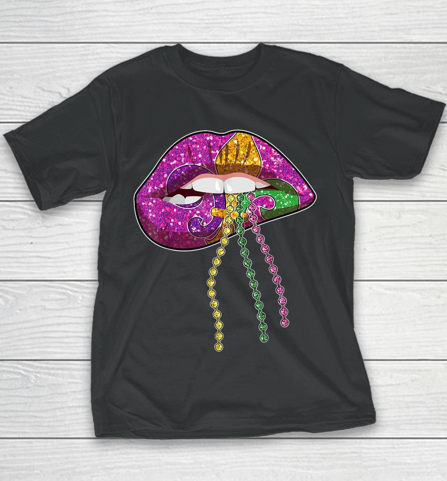 Mardi Gras Lips Queen Carnival Purple &Amp; Gold Fleurs De Lis Youth T-Shirt
