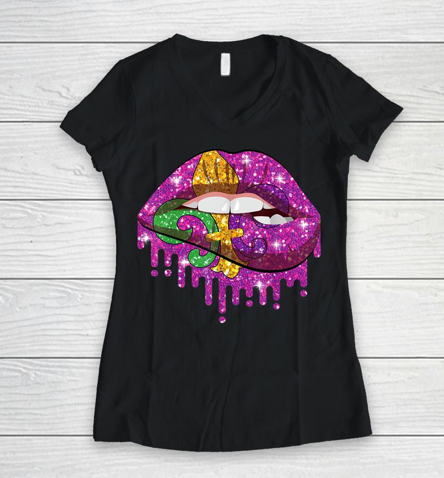 Mardi Gras Lips Queen Women V-Neck T-Shirt