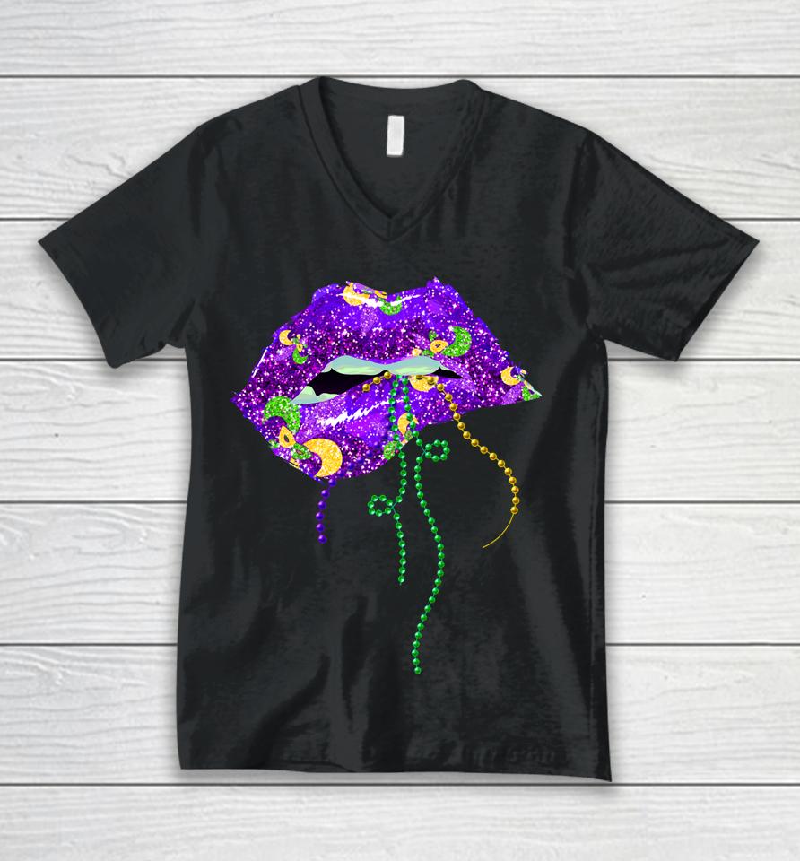 Mardi Gras Lips Queen Unisex V-Neck T-Shirt