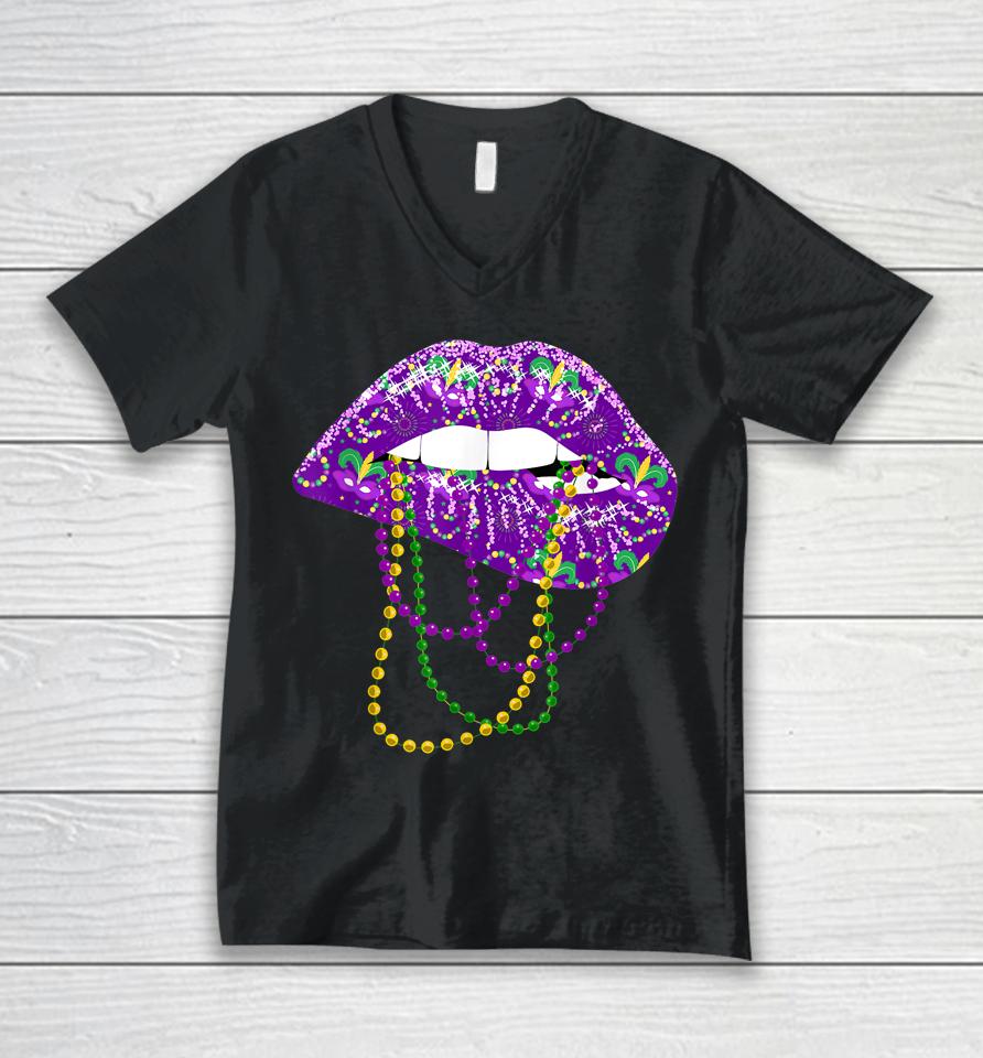 Mardi Gras Lips Queen Unisex V-Neck T-Shirt