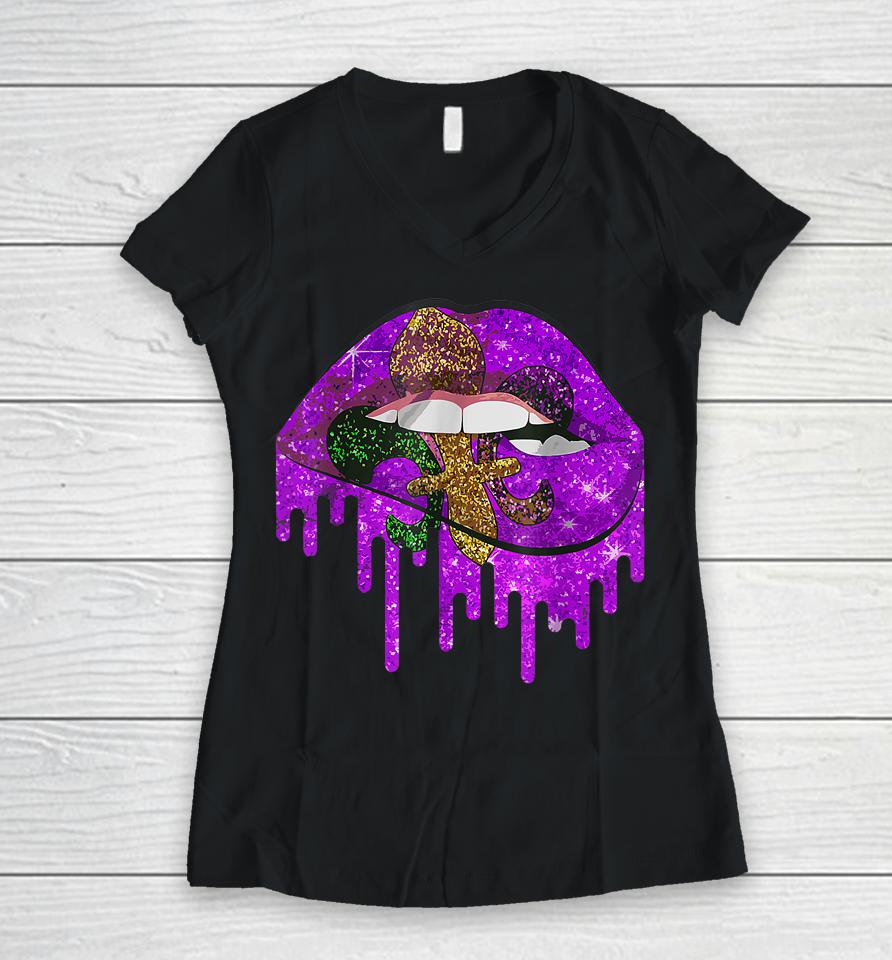 Mardi Gras Lips Women V-Neck T-Shirt