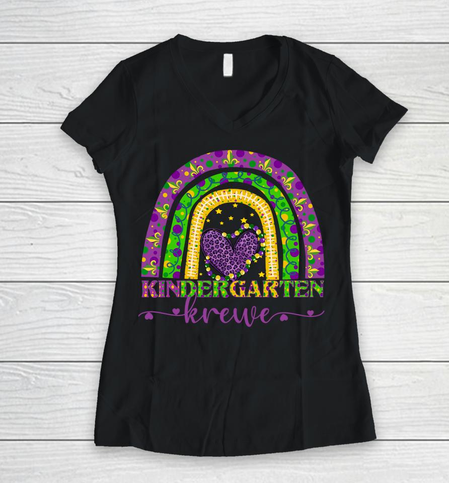 Mardi Gras Teacher Kindergarten Krewe Rainbow Leopard Women V-Neck T-Shirt