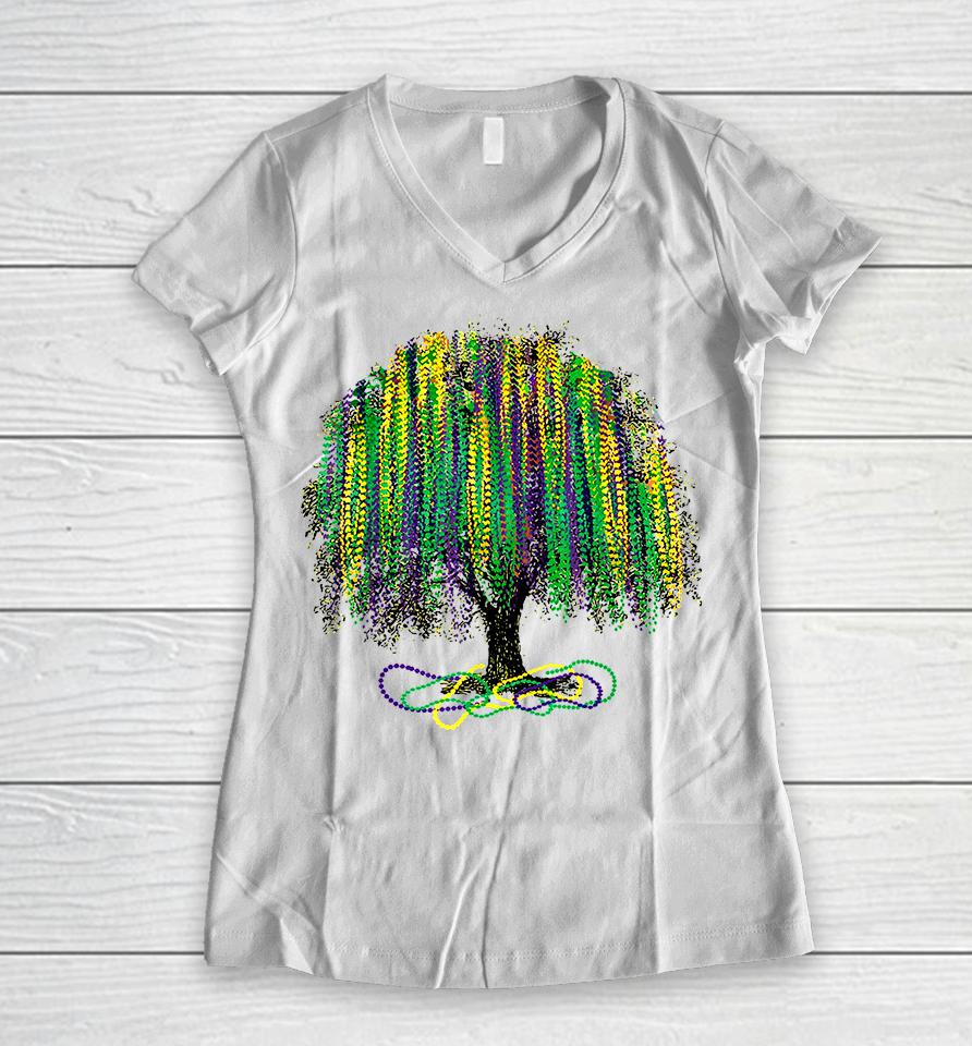 Mardi Gras Tree Beads New Orleans Watercolor Vintage Women V-Neck T-Shirt