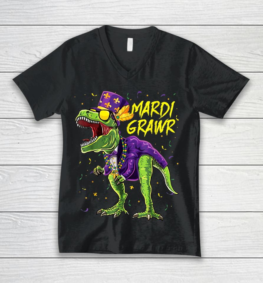 Mardi Grawr T-Rex Boys Mardi Gras Unisex V-Neck T-Shirt