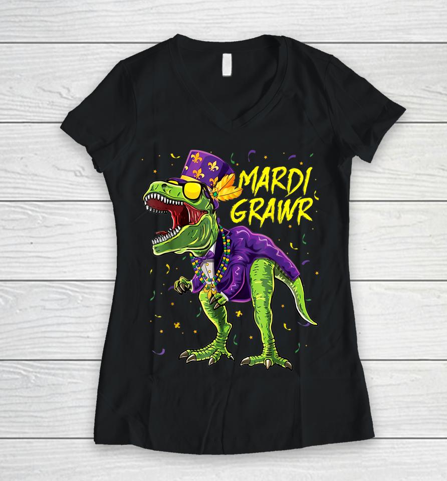 Mardi Grawr T-Rex Boys Mardi Gras Women V-Neck T-Shirt